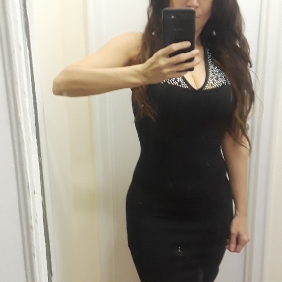 Black Bodycon Dress Studded Crystals NWT - Picture 6 of 6